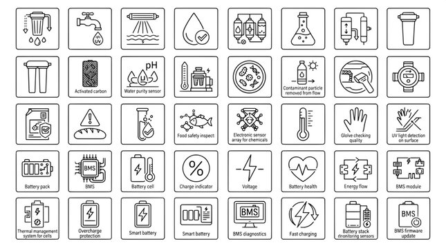 Set of outline icons representing water filtration technology and battery management system monitoring with water purificati