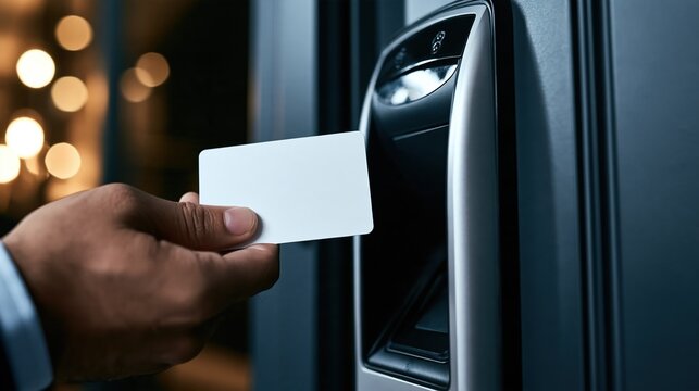 Hand holding blank access card to unlock electronic door lock with bokeh background