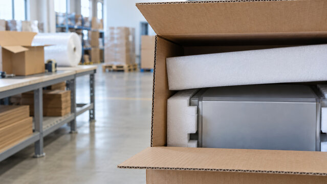 Cardboard box protective foam packaged appliance shows freight packaging damage and protective material inspection