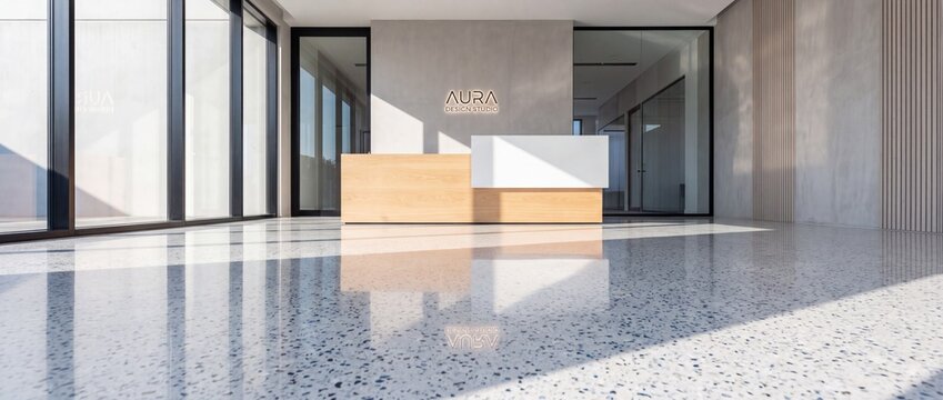 Sleek office reception desk with wooden and white panels stands on polished terrazzo floor under aura design studio logo on grey wall.