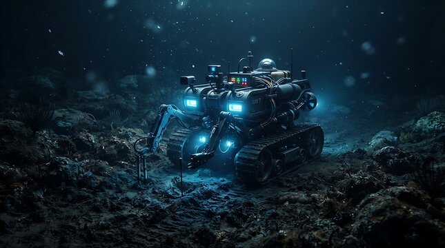 Autonomous deep sea exploration rover vehicle navigating dark rocky ocean floor with glowing blue lights in futuristic marine research