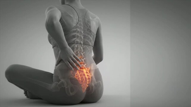 Lower Back Pain Visualization - Woman Sitting with X-Ray Skeleton and Glowing Sacrum Area - Medical CGI Motion Graphics Clip