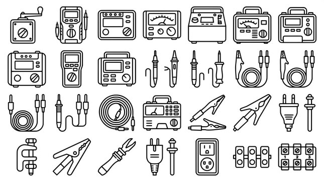 Collection of electronic testing equipment and power components in thin line icons with electronic multimeter measurement