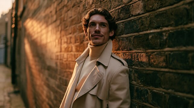 Male model leaning casually against a weathered brick wall in a narrow alley, relaxed half-smile