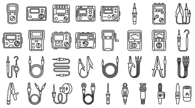 Set of electrical testing equipment icons for measuring resistance and insulation with electrical equipment multimeter