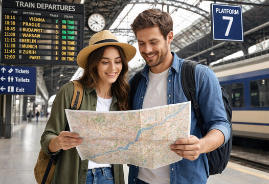 Young couple explores map together at train station platform