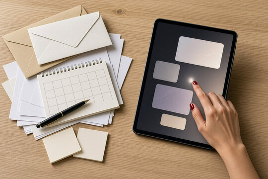 Paper tasks beside a tablet interface touched by a hand with red nail polish