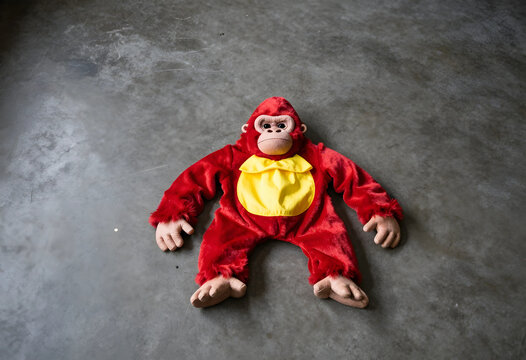 Childhood play and imagination, red gorilla costume for kids lying on a concrete floor for creative storytelling and dress up party activities