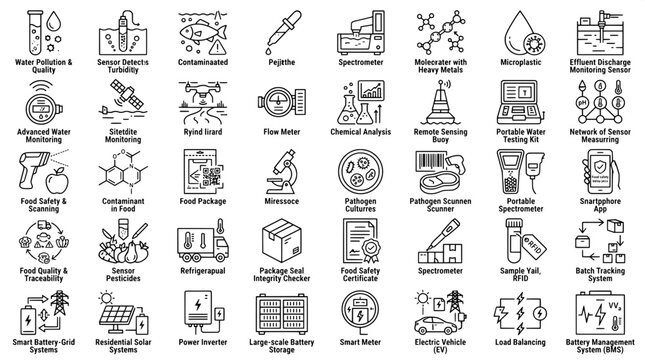 Scientific research and laboratory testing analysis icons for water quality food safety and energy systems monitoring