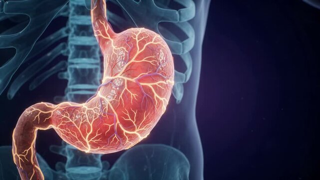 Human Stomach Anatomy - Glowing Vascular System on Digestive Organ - Medical Visualization 3D Rendering Footage