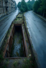 Fototapeta premium Urban decay and infrastructure neglect, abandoned underground tunnel entrance in a desolate city street with wet asphalt and overgrown vegetation