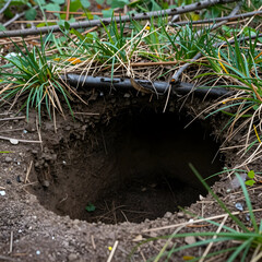 Fototapeta premium Wildlife habitat and animal burrow, empty underground den in nature with grass and soil for environmental conservation and biodiversity research study
