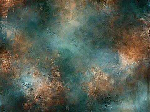 Abstract Textured Background with Teal and Copper Hues Mimicking Cosmic Nebula or Earthy Grunge