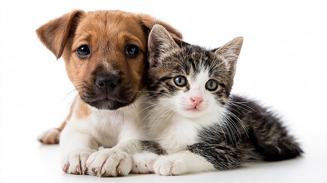 Adorable Young Puppy and Kitten Together, Best Friends Companionship on White Background