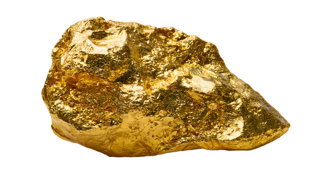 A professional studio shot of a shiny raw gold nugget rough texture unrefined, clean PNG isolated on a solid white background