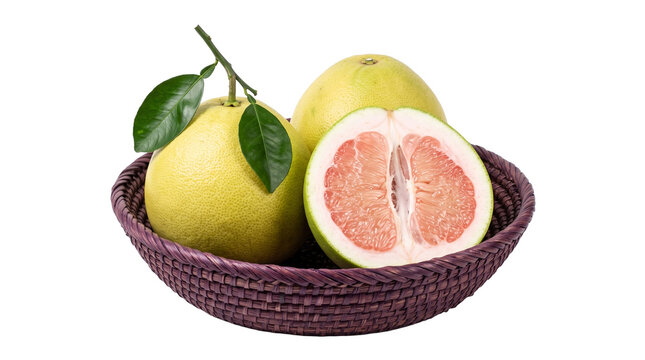 Fresh ripe pomelo citrus fruit in a woven basket with one fruit cut in half showing juicy pink flesh