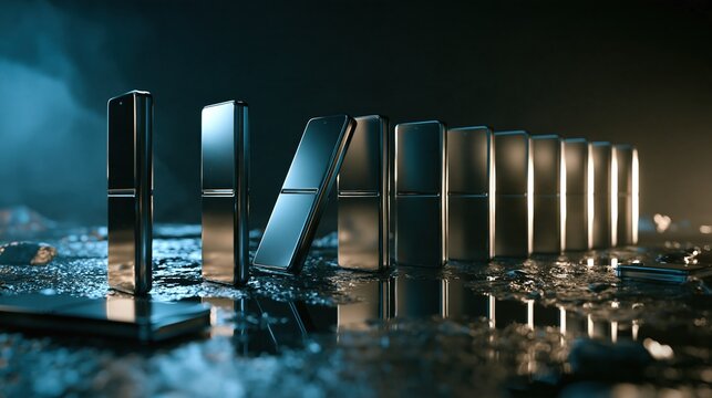 Row of metallic dominoes falling in a line on a reflective, textured surface with dramatic lighting