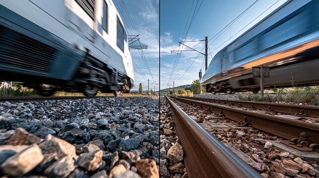 Two High-Speed Trains Traveling in Opposite Directions on Parallel Tracks Under a Clear Blue Sky