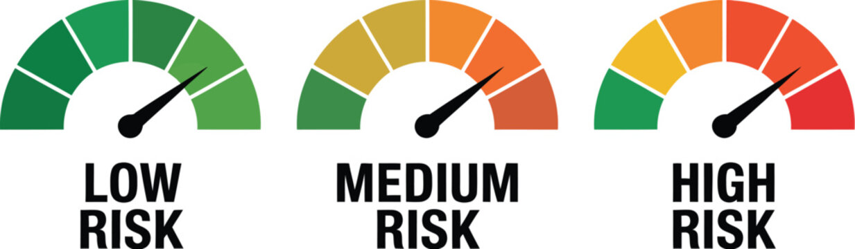Risk meter icon vector illustration, speedometer scale showing low medium and high risk levels from minimum to maximum concept, assessment indicator.
