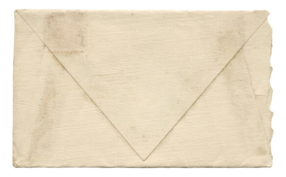 Back View of Aged Off-White Paper Envelope with Fine Ribbed Texture Flaps Torn Edge and Subtle Age Stains.