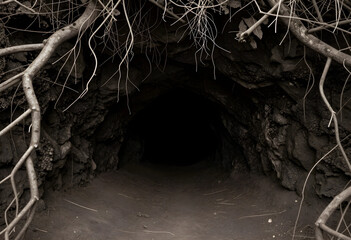Fototapeta premium Mystery and exploration concept, dark cave entrance with twisted tree branches and rocky terrain in a wilderness landscape for adventure travel themes