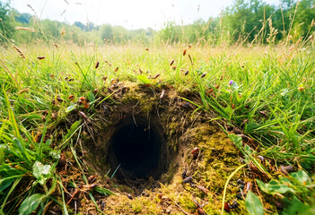 Fototapeta premium Wildlife habitat and biodiversity, animal burrow entrance in a grassy meadow with insects and wild plants in a natural ecosystem during a sunny day