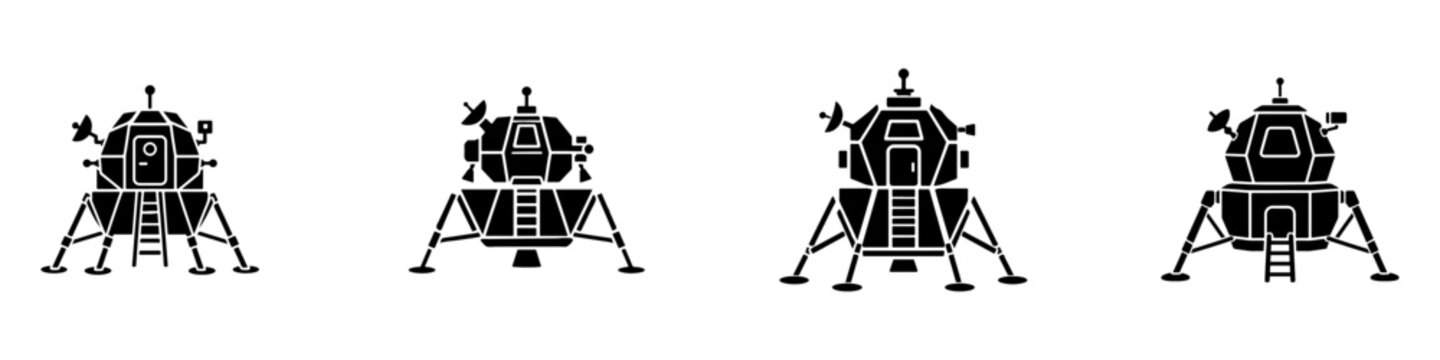 Lunar landing module spaceship icon set for space exploration, moon missions, astronomy and aerospace design.