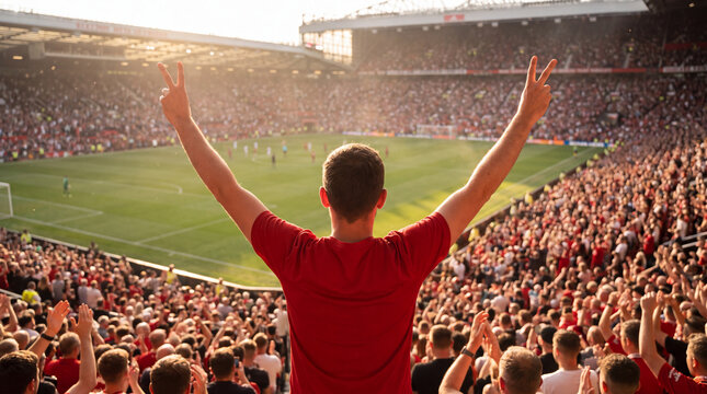 Fan celebrating with raised arms in a packed football stadium during an exciting sporting event.