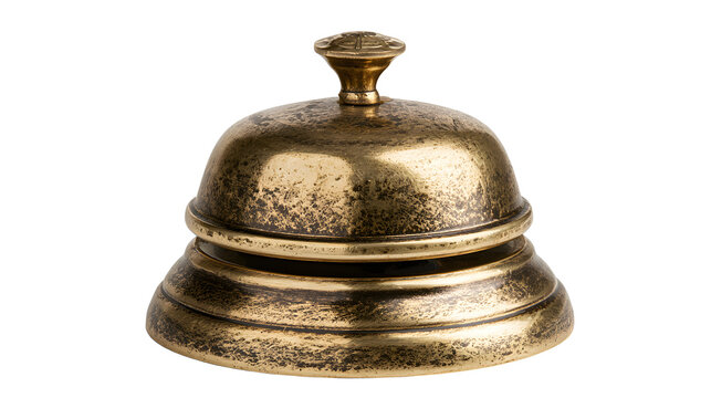 A professional studio shot of a vintage brass hand bell service call bell reception, clean PNG isolated on a solid white background