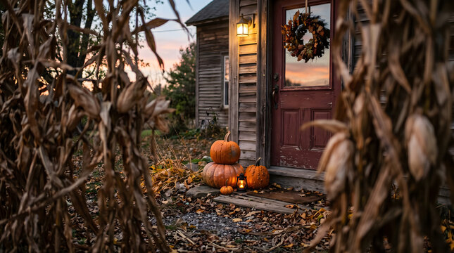 raditional autumn porch decoration featuring fresh orange pumpkins, dried corn stalks, and a seasonal wreath at the wooden entrance of a countryside farmhouse. 