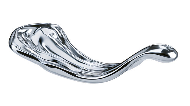 A professional studio shot of a shiny metallic silver liquid chrome paint stroke drop ripple flow, clean PNG isolated on a solid white background