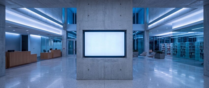 Modern library lobby with glowing blue lights and a large blank screen.
