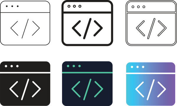 Web Browser Code Icon Collection with Coding Symbols in Outline and Colorful Styles