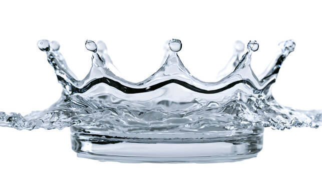 A professional studio shot of a dynamic clear water splash crown shape liquid drop, clean PNG isolated on a solid white background