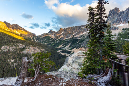 Picturesque view of the mountains and rocks in sunset in the North Cascades National Park in Washington State
