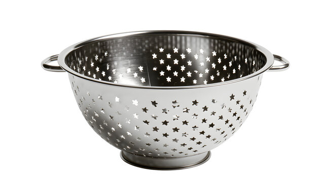 A professional studio shot of a stainless steel colander strainer bowl perforated star patterns holes, clean PNG isolated on a solid white background