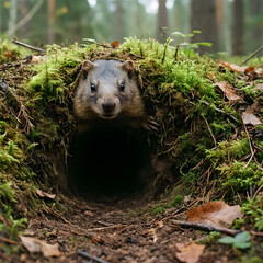 Fototapeta premium Wildlife conservation and habitat protection, small wild animal peeking out from a mossy forest burrow in the wilderness with natural woodland scenery