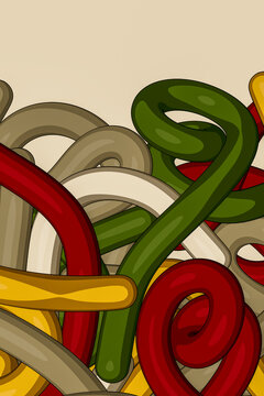 Layered ribbon tangle with olive red gold and beige curves in vertical composition illustration