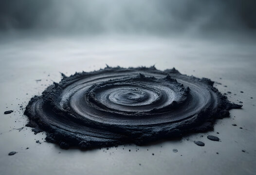 Pollution and environmental crisis, black oil spill or toxic waste residue forming a dark spiral pattern on a textured industrial concrete surface