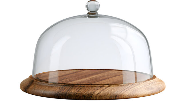 A professional studio shot of a elegant glass cloche bell jar display dome wooden base platform, clean PNG isolated on a solid white background