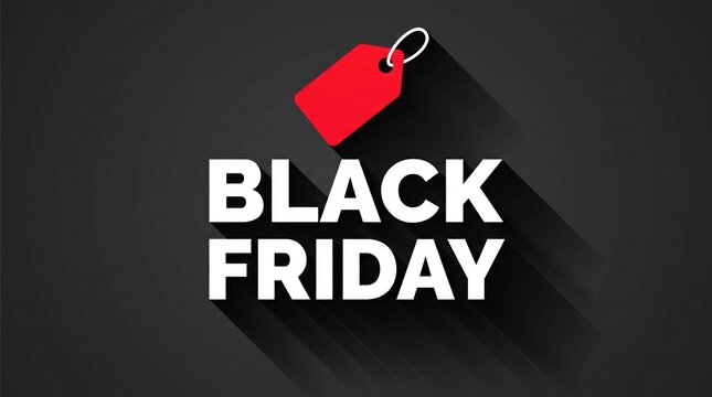 Black Friday sale text with a red tag and long shadow on a dark gray background