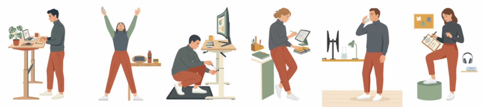 Collection of flat illustrations showing people working at home with standing desks, ergonomic equipment, and healthy workplace habits for productivity.