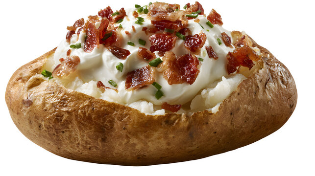 A professional studio shot of a baked potato split open sour cream chives bacon, clean PNG isolated on a solid white background