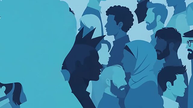 Diverse crowd of people profile silhouettes in monochromatic blue graphic style.