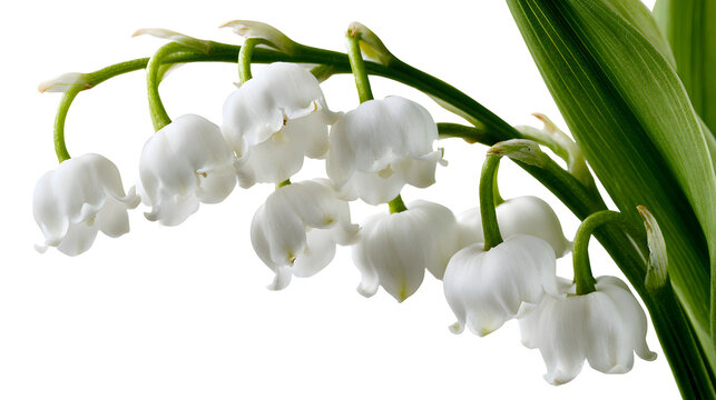 A professional studio shot of a delicate white lily of the valley bell flowers drooping, clean PNG isolated on a solid white background