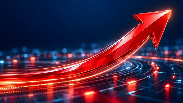 Glowing red digital arrow soaring upward symbolizing rapid financial growth and aggressive technological market acceleration