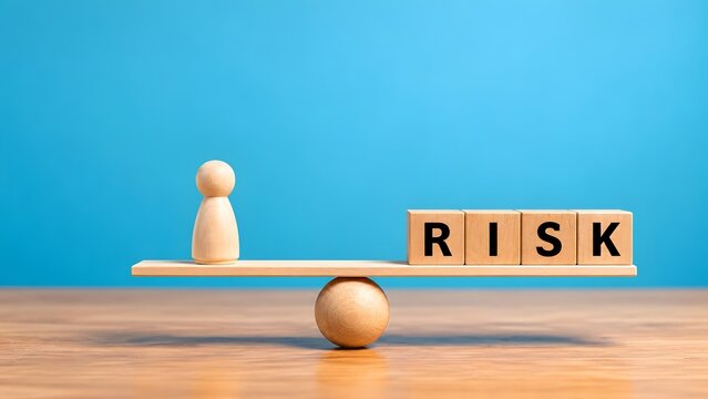 Wooden seesaw balancing a human figure against risk blocks symbolizing evaluation of business decisions and strategic stability