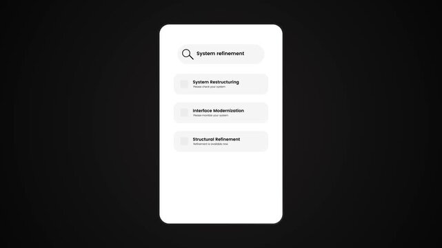 System refinement Mobile search UI animation featuring advanced filter options and real time query results