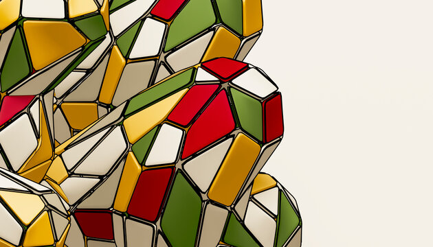 Asymmetric stained glass mosaic with angular olive crimson and ochre fragments illustration