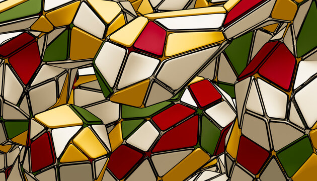 Interlocking polygon mosaic with layered green red ivory and mustard facets illustration